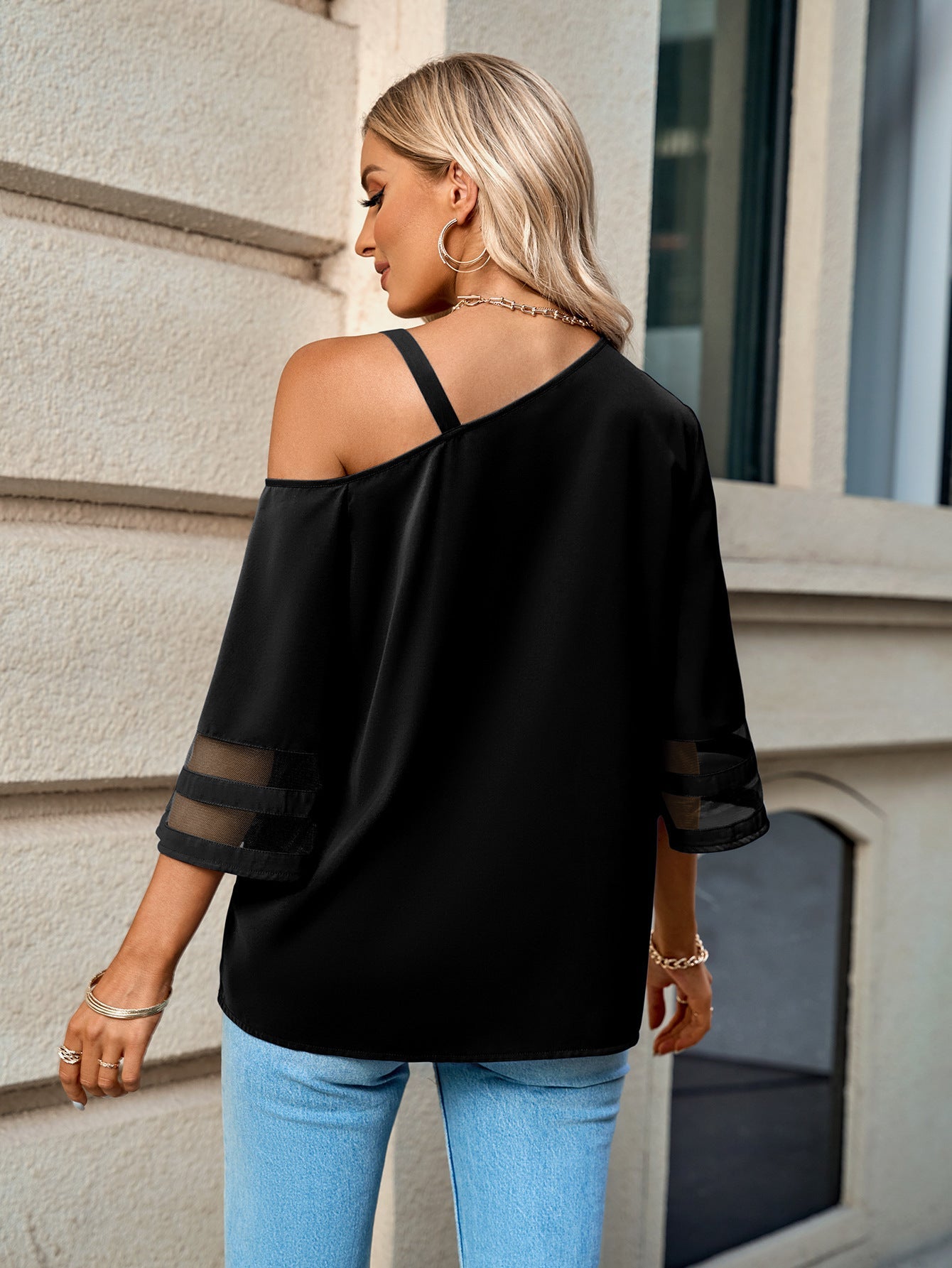 Asymmetrical Neck Sheer: Stylish Flare Sleeve Blouse for Casual Wear