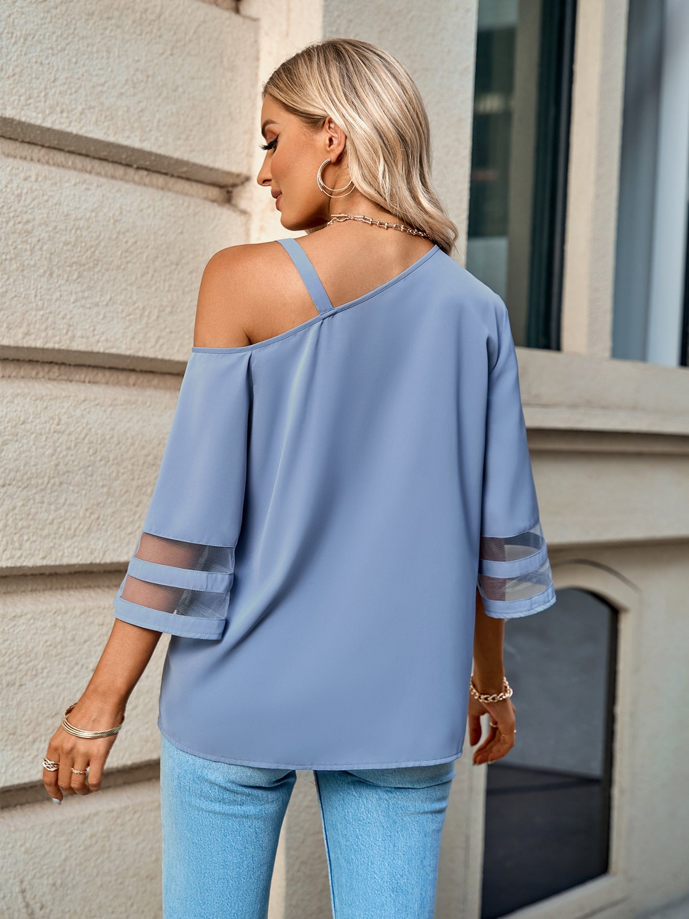Asymmetrical Neck Sheer: Stylish Flare Sleeve Blouse for Casual Wear